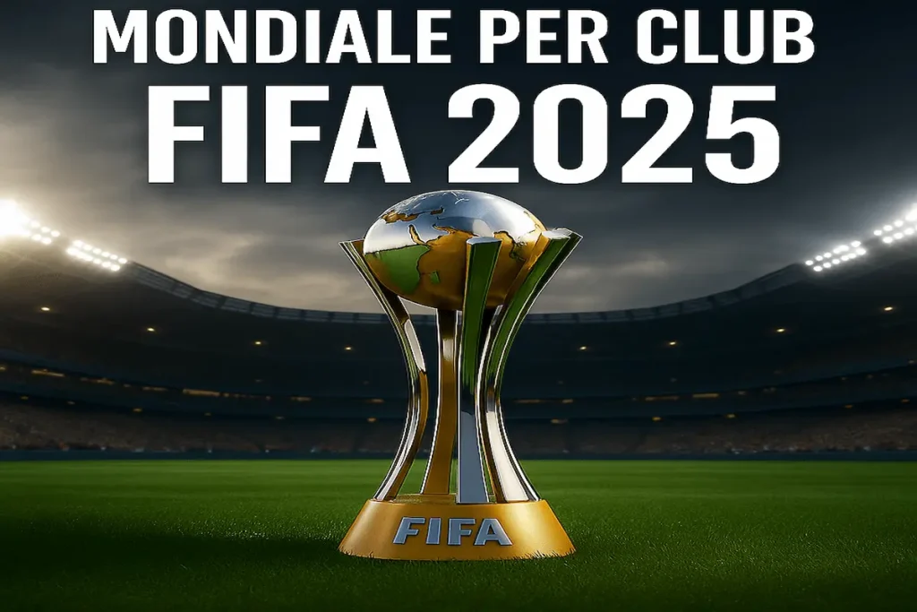 Immagine del trofeo ufficiale del Mondiale per Club FIFA 2025 al centro di uno stadio illuminato, con atmosfera da grande evento sportivo.