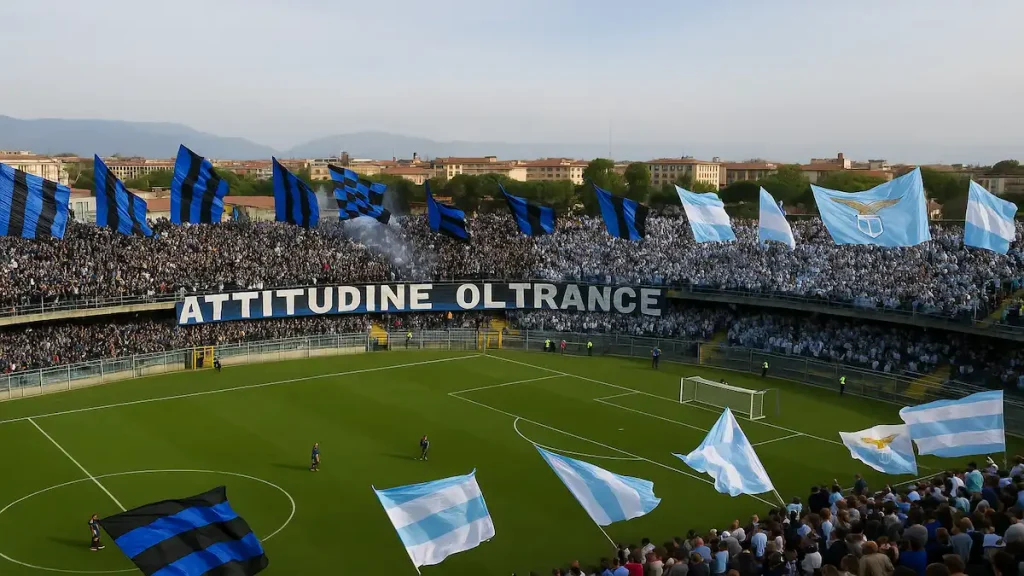 Tifosi di Pisa e Lazio allo Stadio Romeo Anconetani durante il match Pisa – Lazio, con bandiere nerazzurre e biancocelesti che colorano gli spalti in un’atmosfera carica di energia.