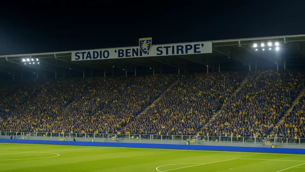 Stadio Benito Stirpe gremito di tifosi durante Frosinone – Virtus Entella, match di Serie B del 28 ottobre 2025
