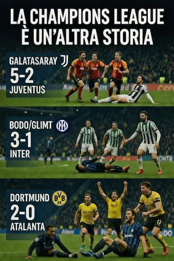 Disfatta squadre italiane in Chamoions, Galatasaray-Juventus 5-2, Bodo Glimt -Inter 3-1 Borussia Dortmund- Atalanta 2-0