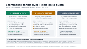 Schema del ciclo di una quota live nel tennis, con le tre fasi di mercato aperto, mercato sospeso e quota riaggiornata e l'errore tipico di ciascuna