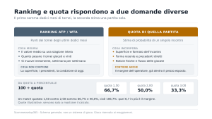 Confronto fra il ranking ATP o WTA, che somma i punti di dodici mesi di tornei, e la quota di una singola partita, che stima una probabilità e contiene il margine dell'operatore, con la conversione da quota a percentuale implicita